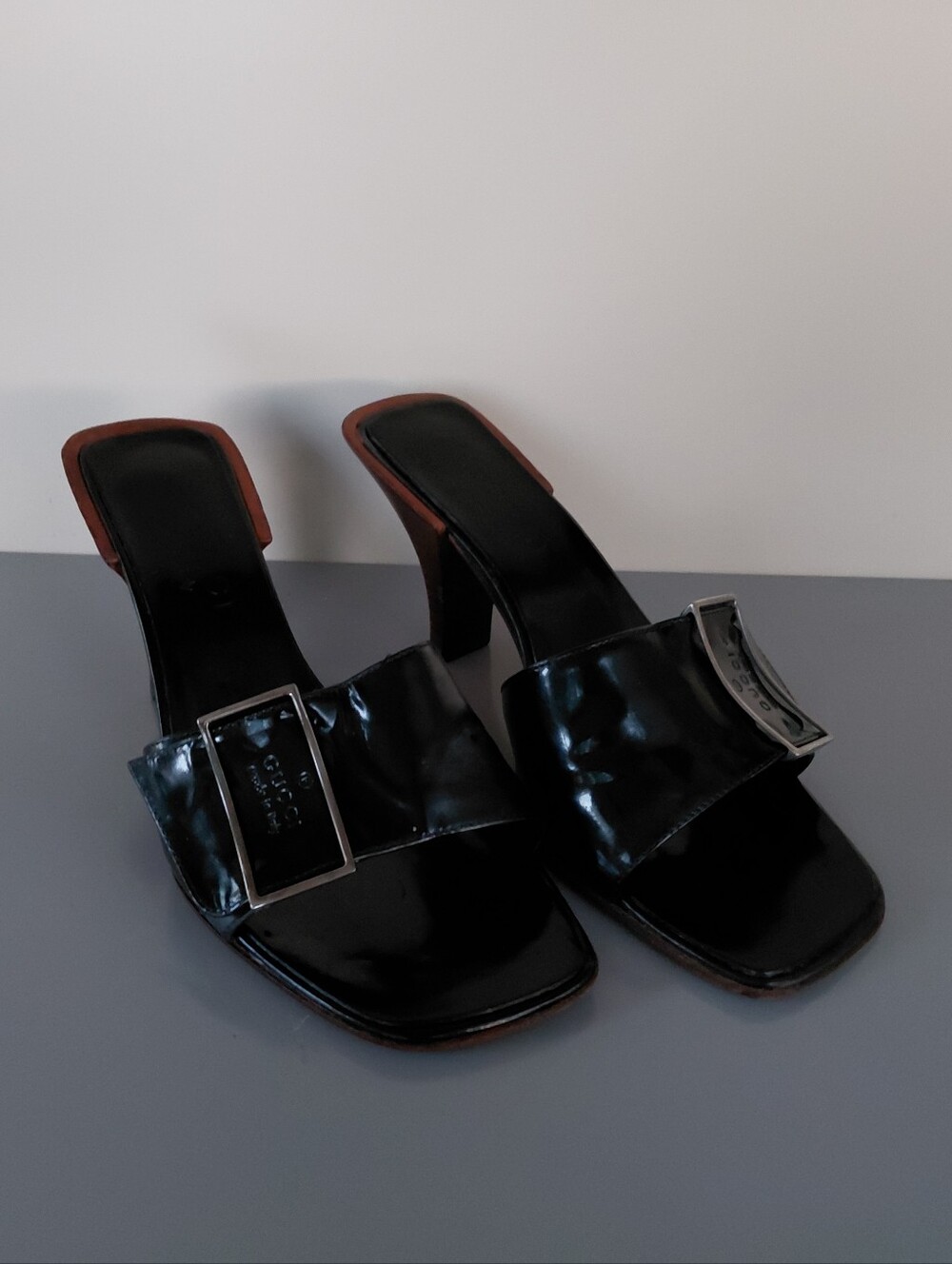 Gucci Black Patent Slide Mules with Silver Buckle
